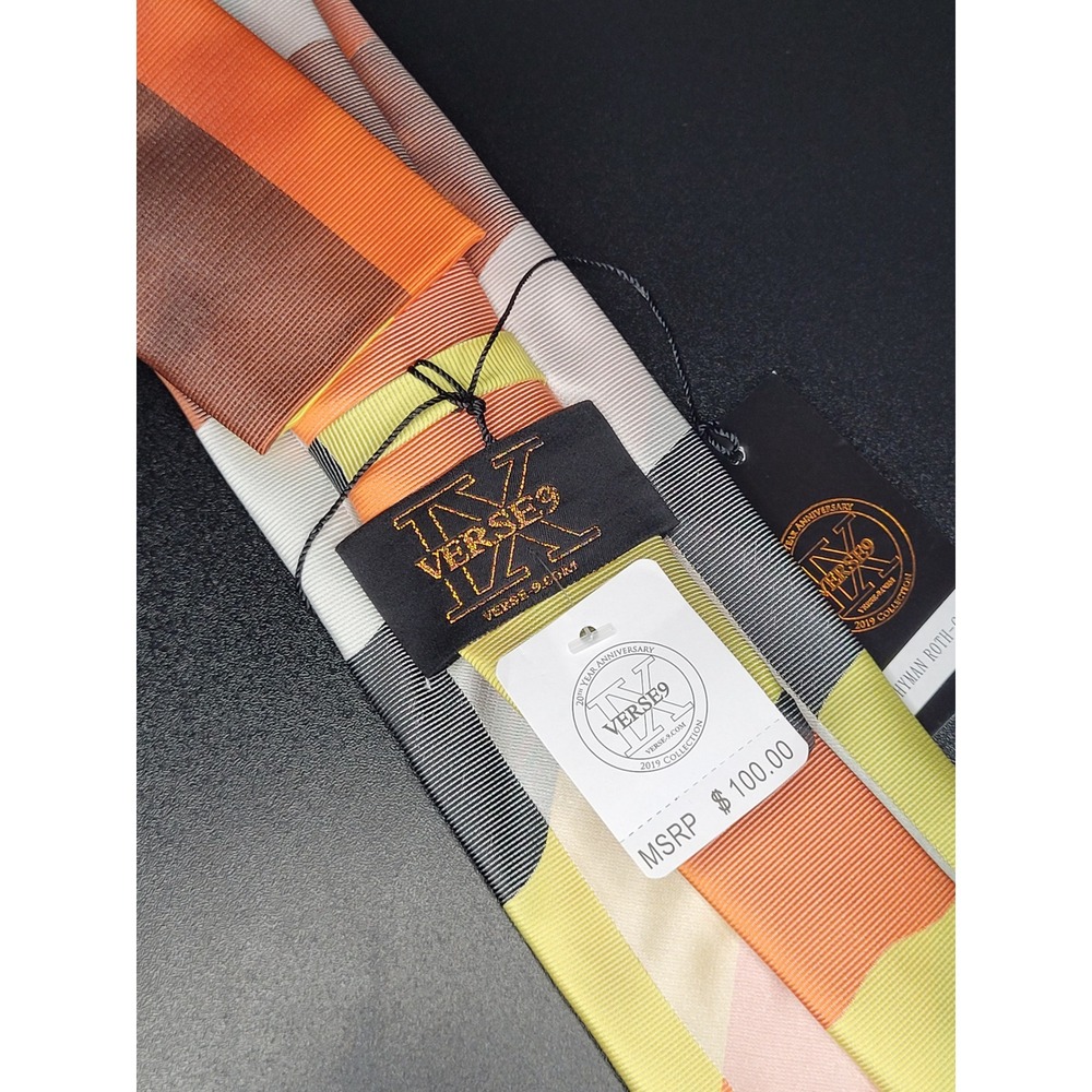 Verse 9 Tie Pocket Square Set Orange Yellow Wavy Stripe Silk NWT